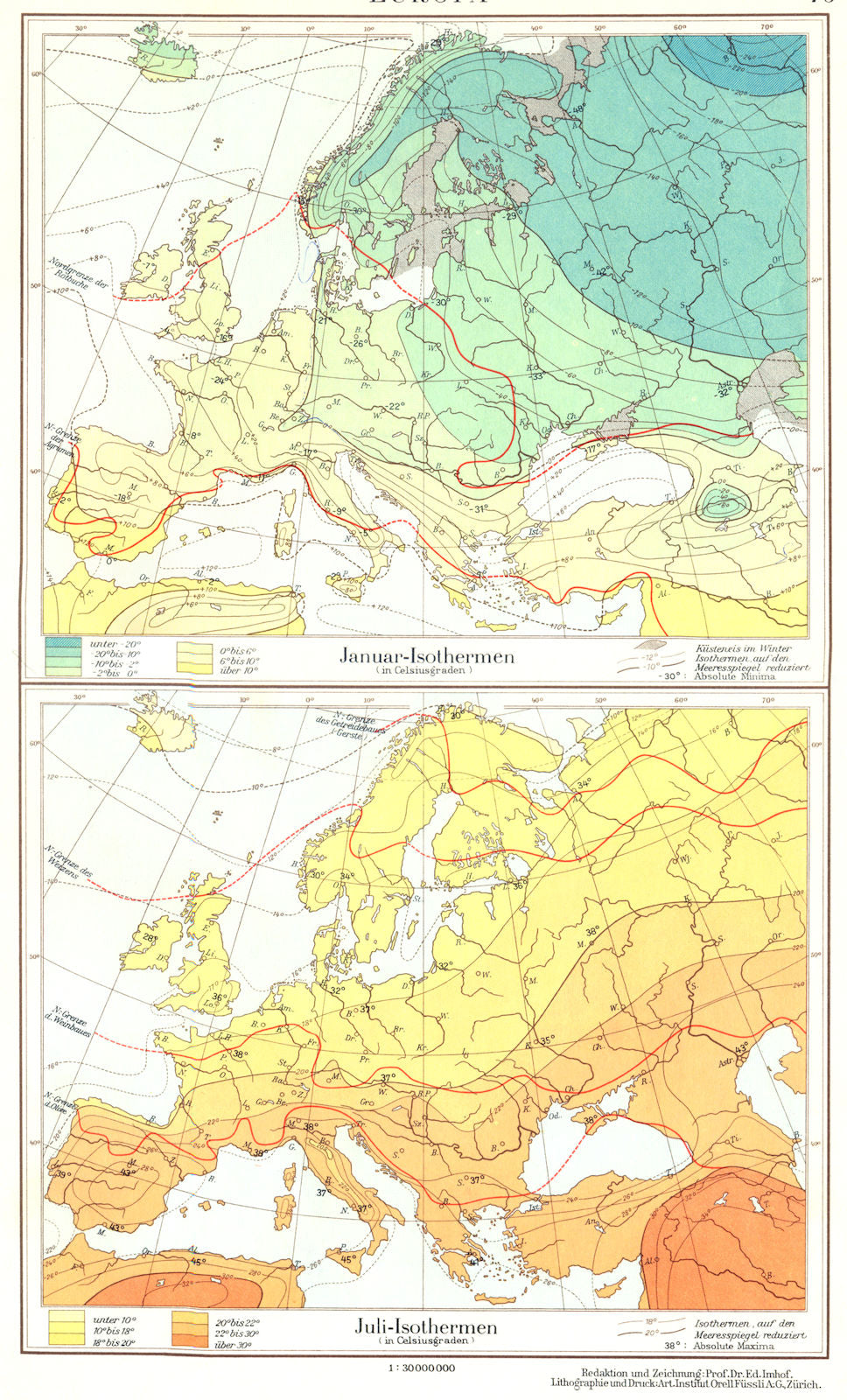 EUROPE.Europa;Januar-Isothermen;Juli-Isothermen.January July Isotherms 1958 map